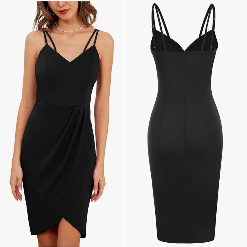 NWOT Women’s Black Midi Party Wrap Ruched Cocktail Dress - Small